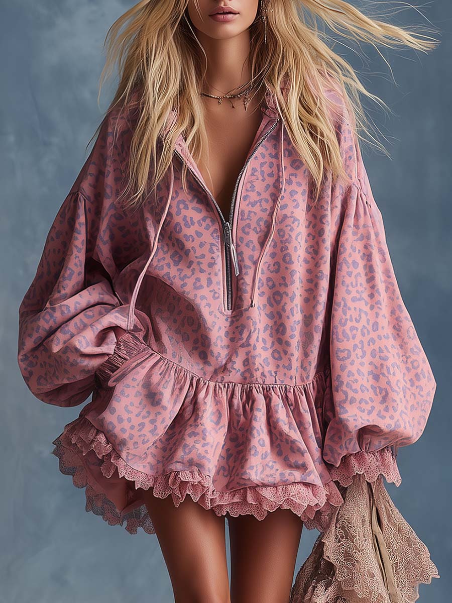 Elegant Western Hooded Front Zipper Ruffled Hem Pink Leopard Print Faux Suede Mini Dress