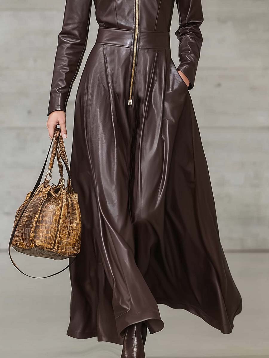 Exquisite Temperament Front Zipper Long Sleeve High-Quality Brown Leather Maxi Dress