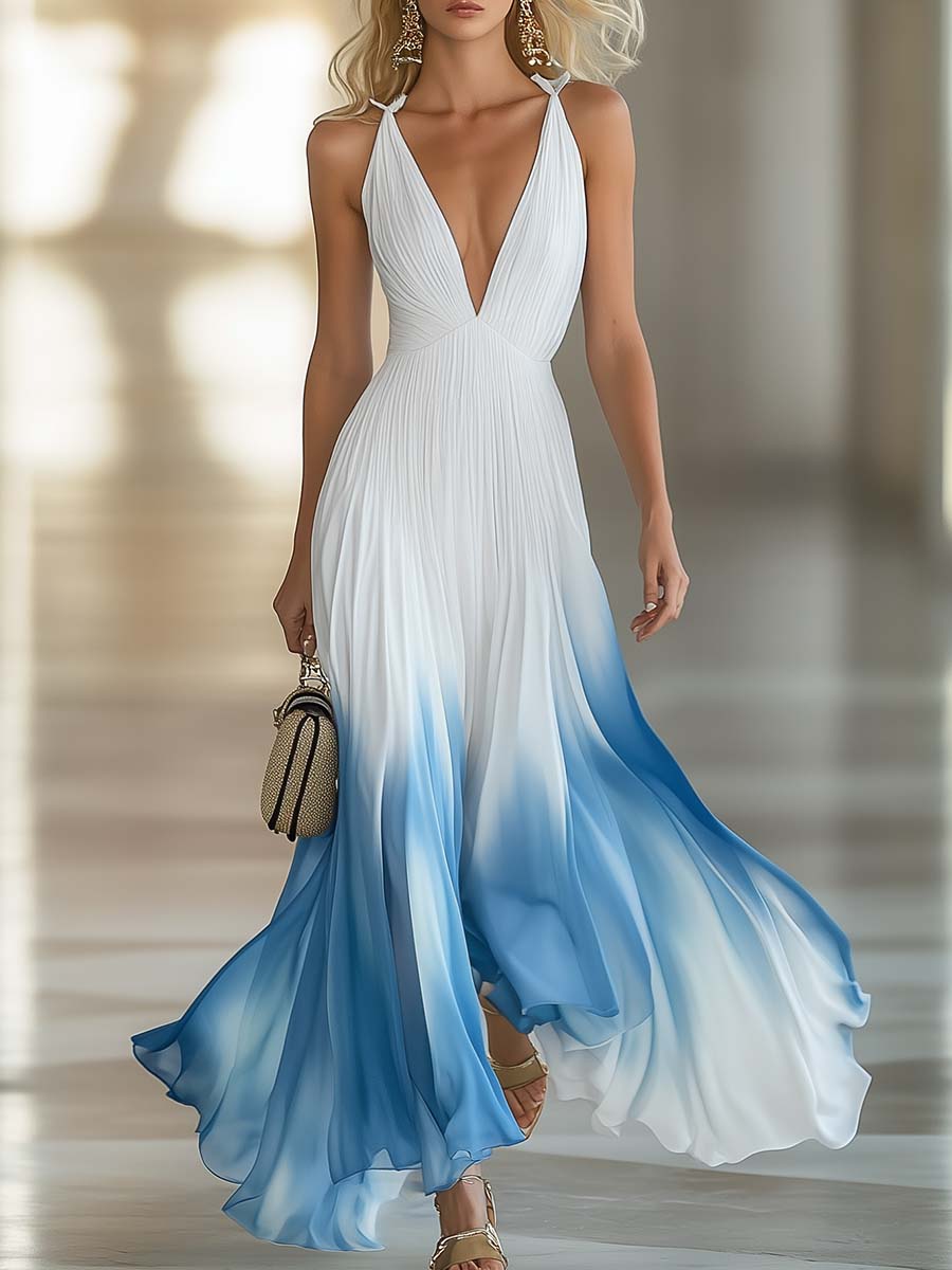 Elegant and Flowing V-Neck Pleated Chiffon Blue Gradient White Maxi Dress