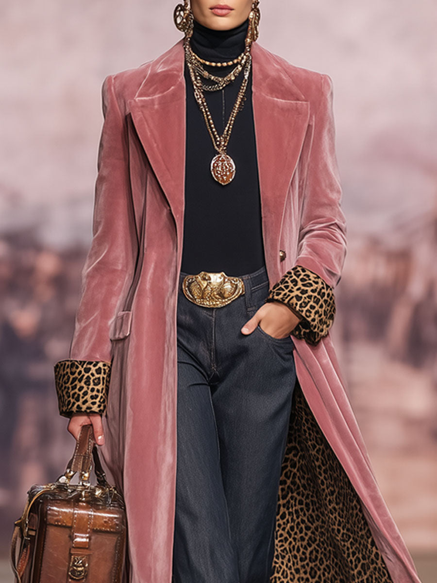 Lapel Single-breasted Velvet and Leopard Print Coat