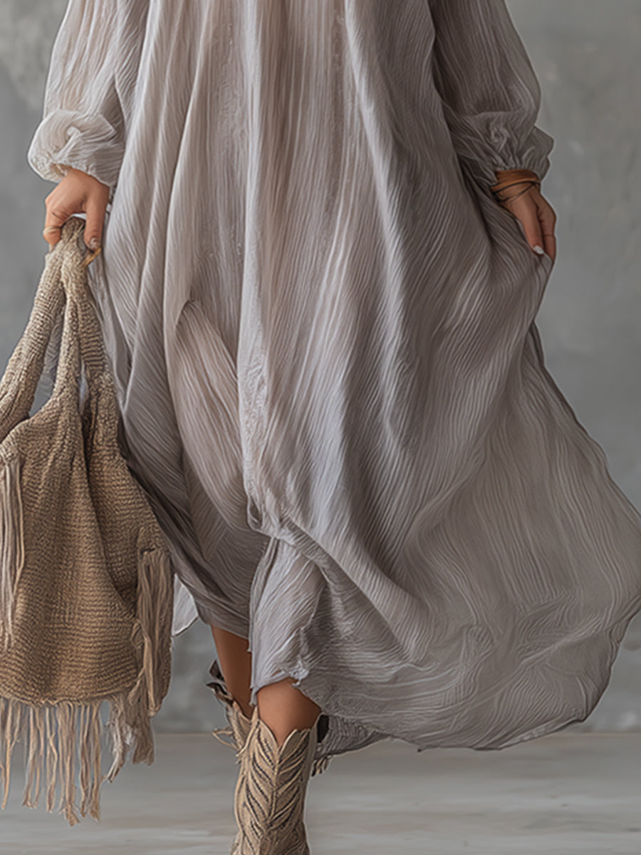 Lazy And Elegant V-neck Light Grey Crinkled Chiffon Maxi Dress