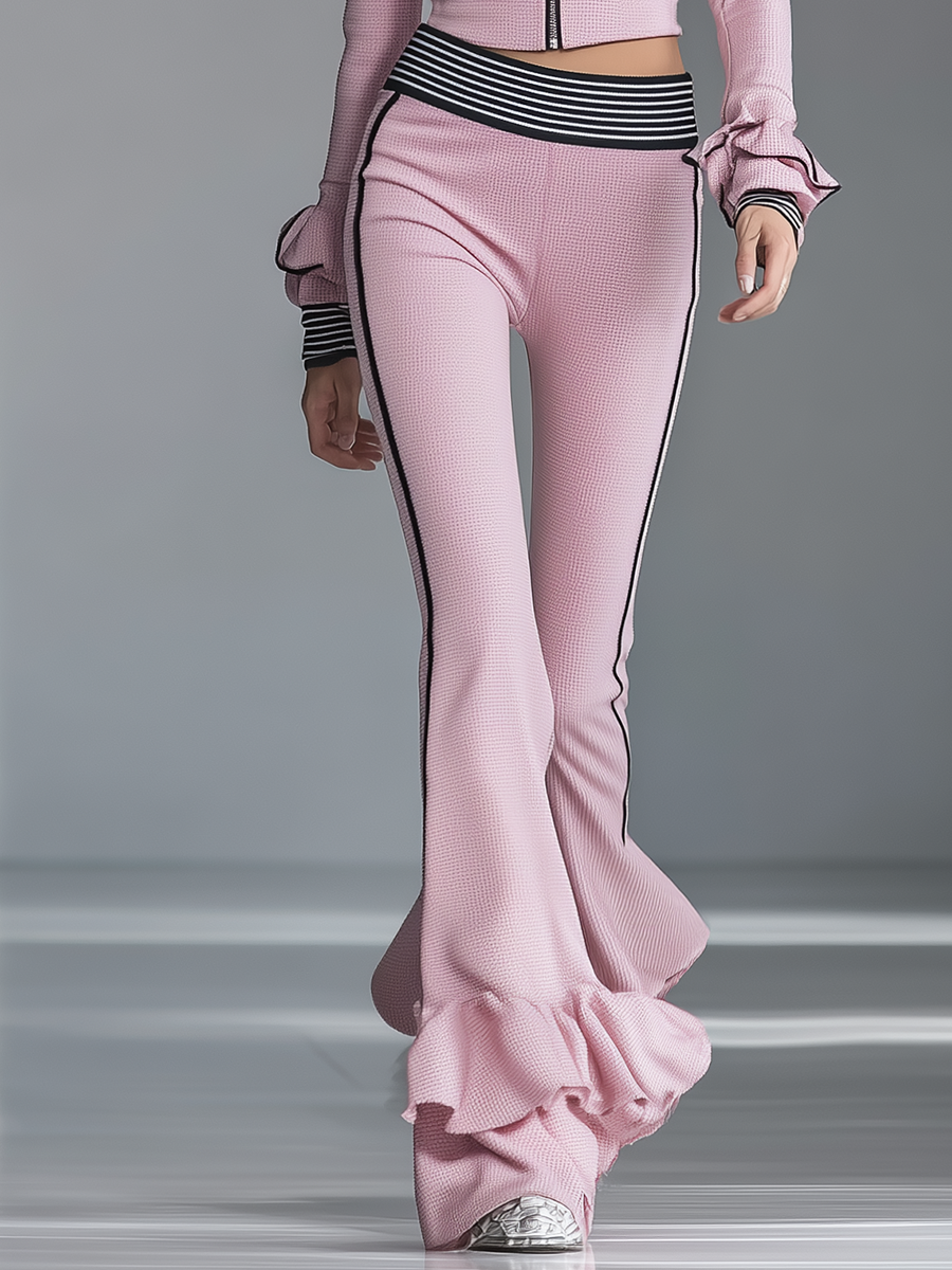 Elegant Sporty Black-trimmed Pink Flared Trousers Set
