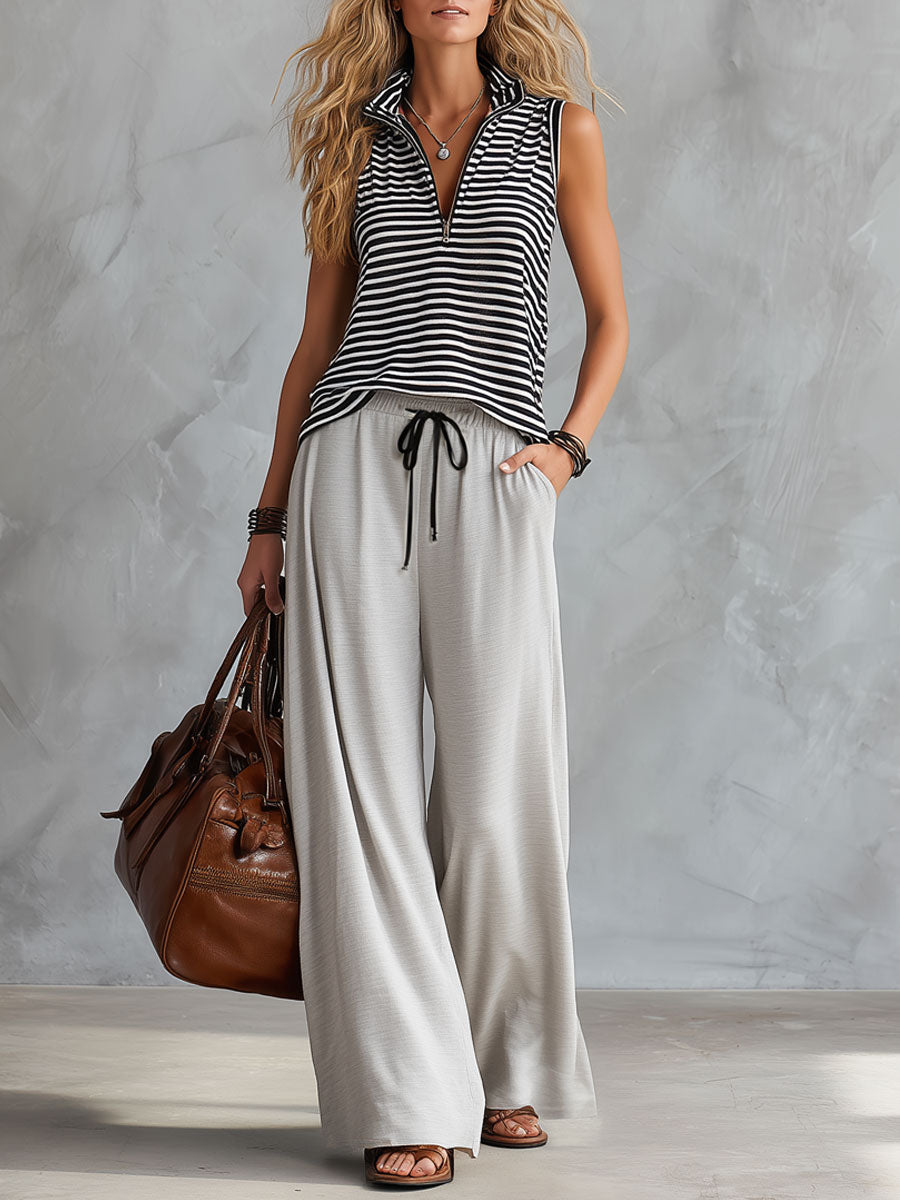 Sporty Retro Black And White Striped Half-Zip Sleeveless T-Shirt And Wide-Leg Trousers Set