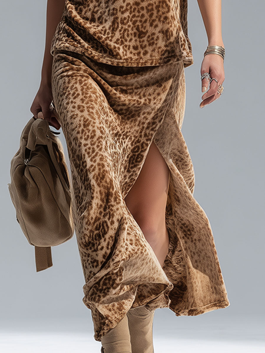 Leopard Print Crew Neck Sleeveless Vest and Split-Hem Velvet Skirt Set