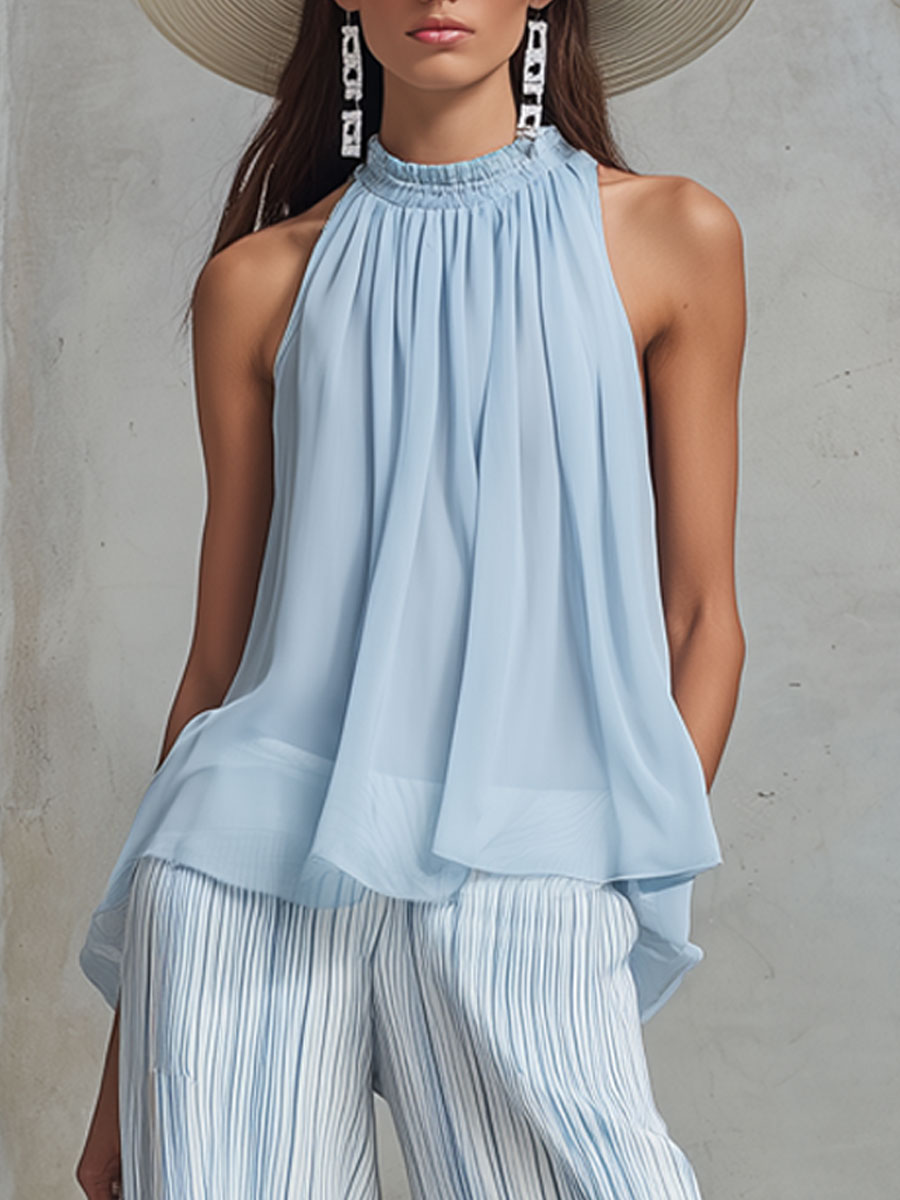 Vacation Light Blue Chiffon Sleeveless Top And Striped Wide-leg Trousers Set