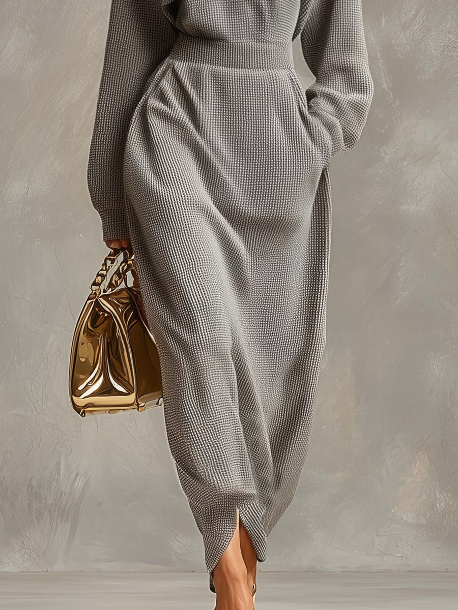 Exquisite Casual Lapel Front Zipper Long Sleeve Light Grey Waffle Fabric Maxi Dress