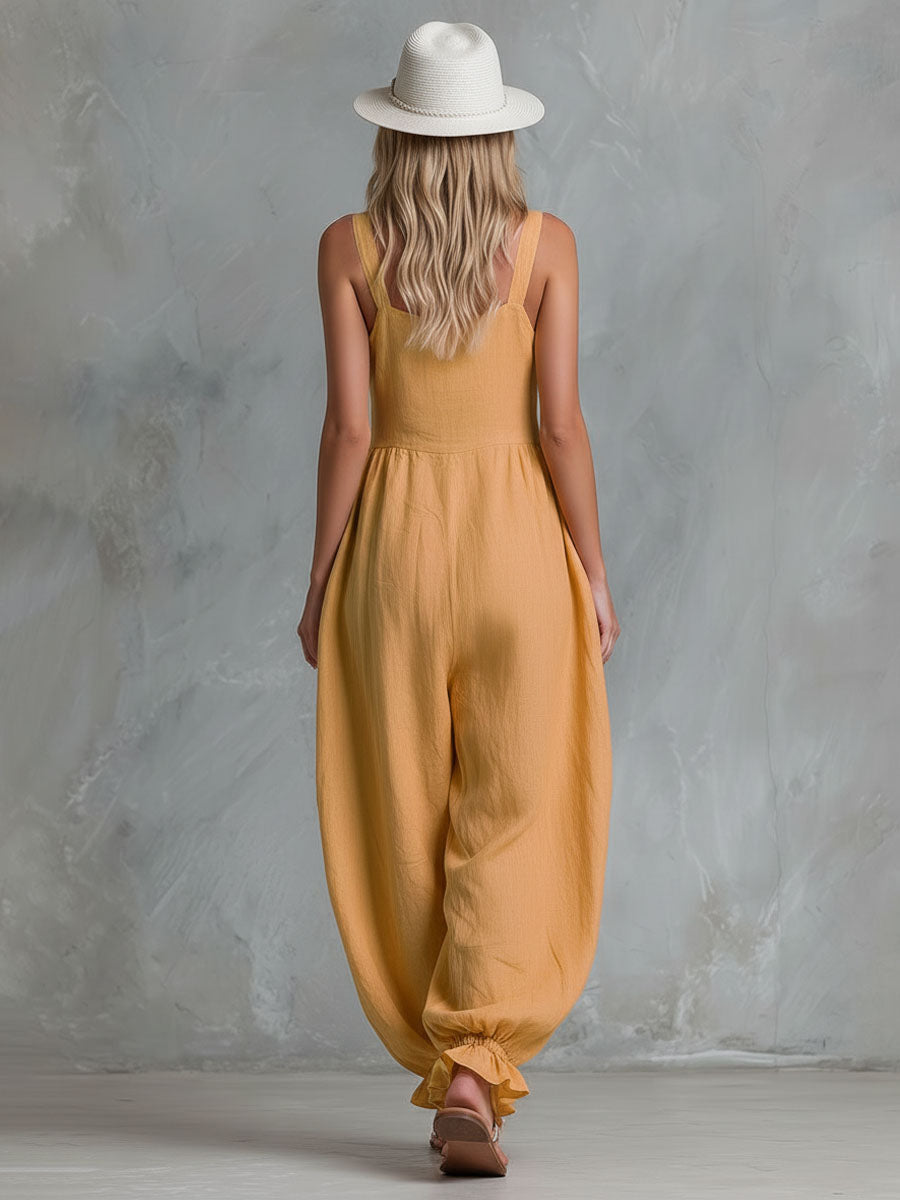 Loose-fitting Single-breasted Cotton-linen Sleeveless Jumpsuit