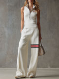 Sporty Retro White Striped Embroidered Sleeveless Vest and Wide-Leg Trousers Set