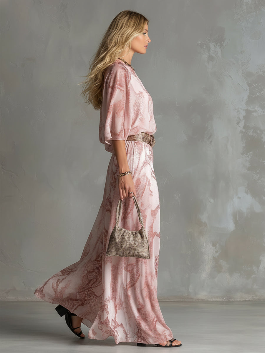 Retro Urban Style Pink Snake Print One-Shoulder T-Shirt and Wide-Leg Trousers Set