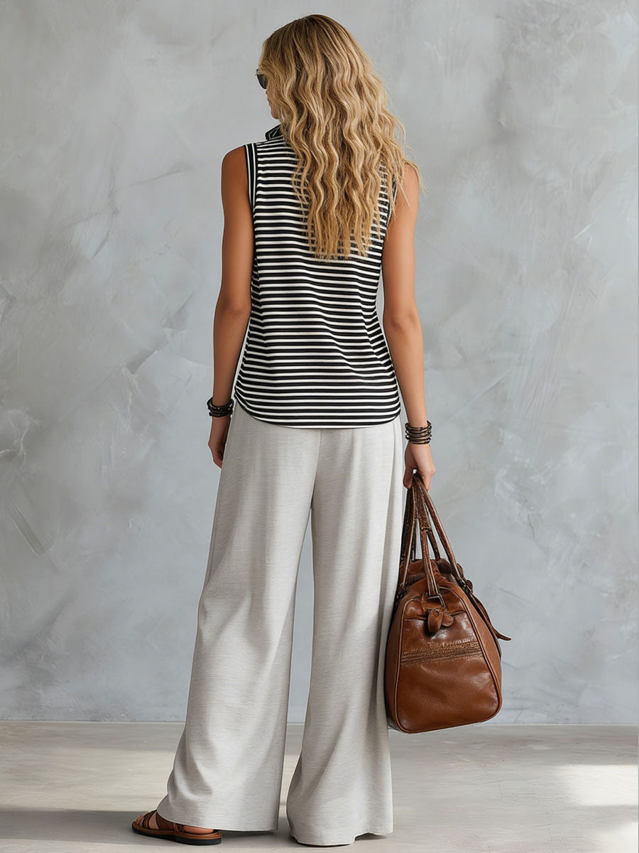Sporty Retro Black And White Striped Half-Zip Sleeveless T-Shirt And Wide-Leg Trousers Set