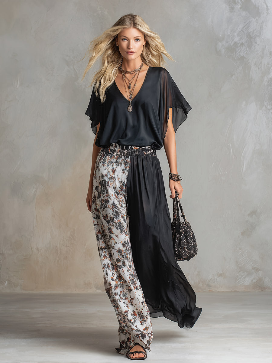 Chic Urban Black Chiffon T-Shirt & Contrast-Print Wide-Leg Trousers Set