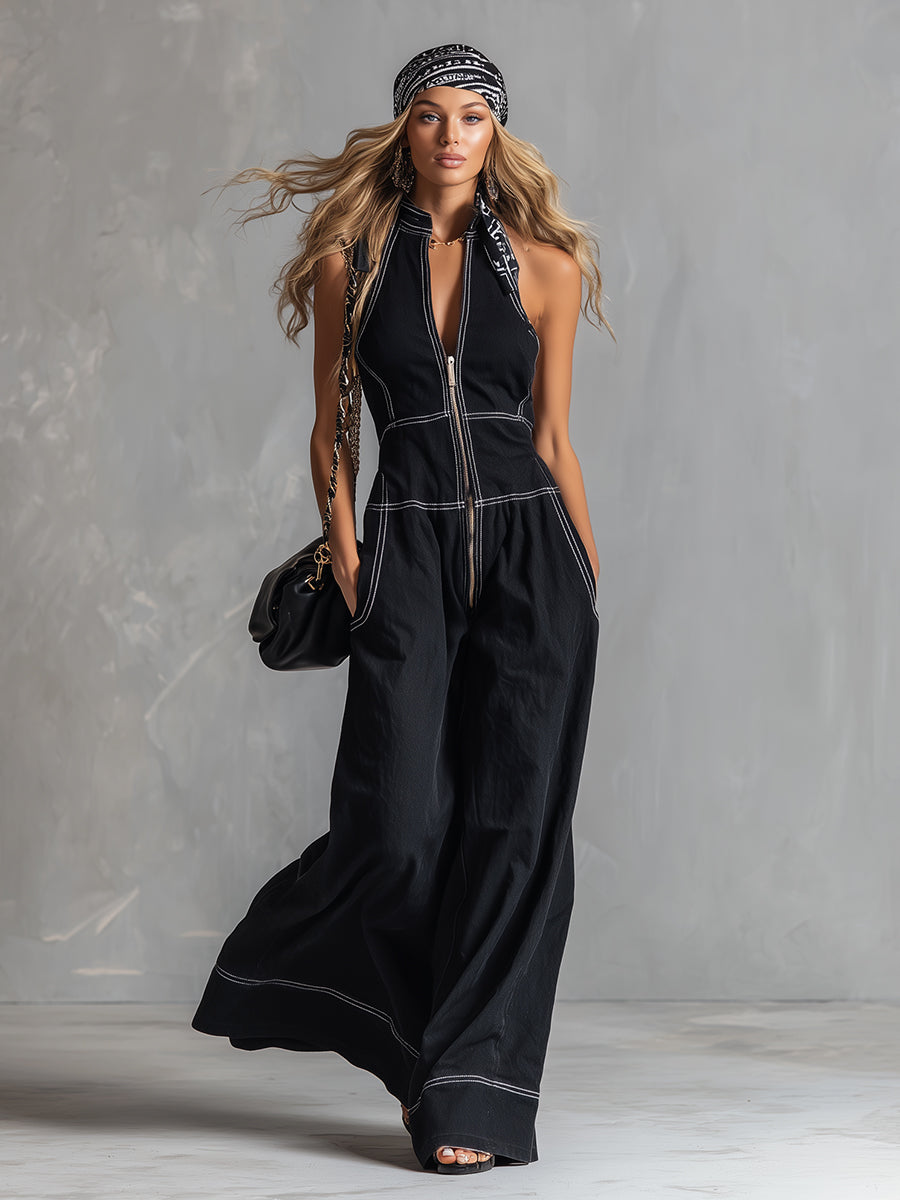 Stylish and Elegant Front-Zip Black Tencel Denim Sleeveless Wide-Leg Jumpsuit