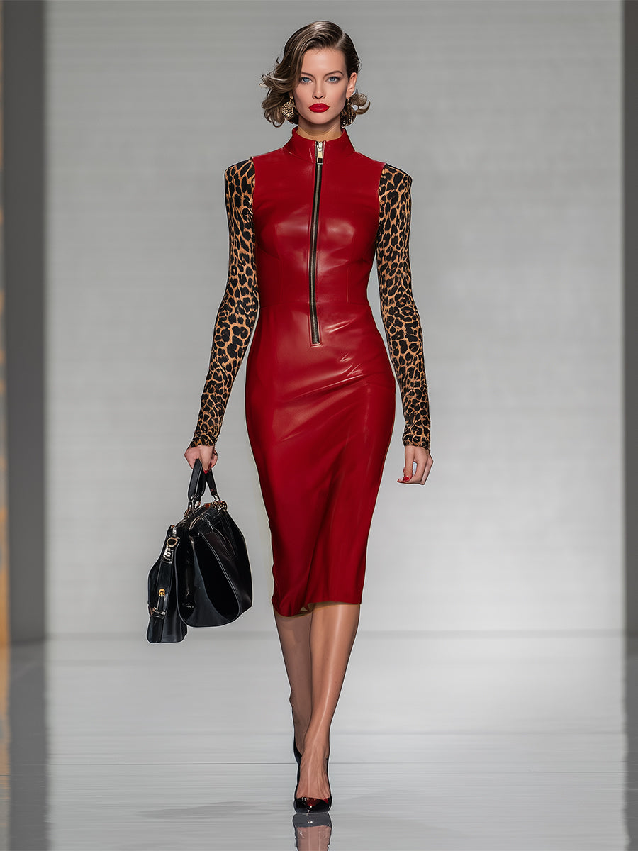 Red PU Stitching Leopard Print Zipper Midi Dress