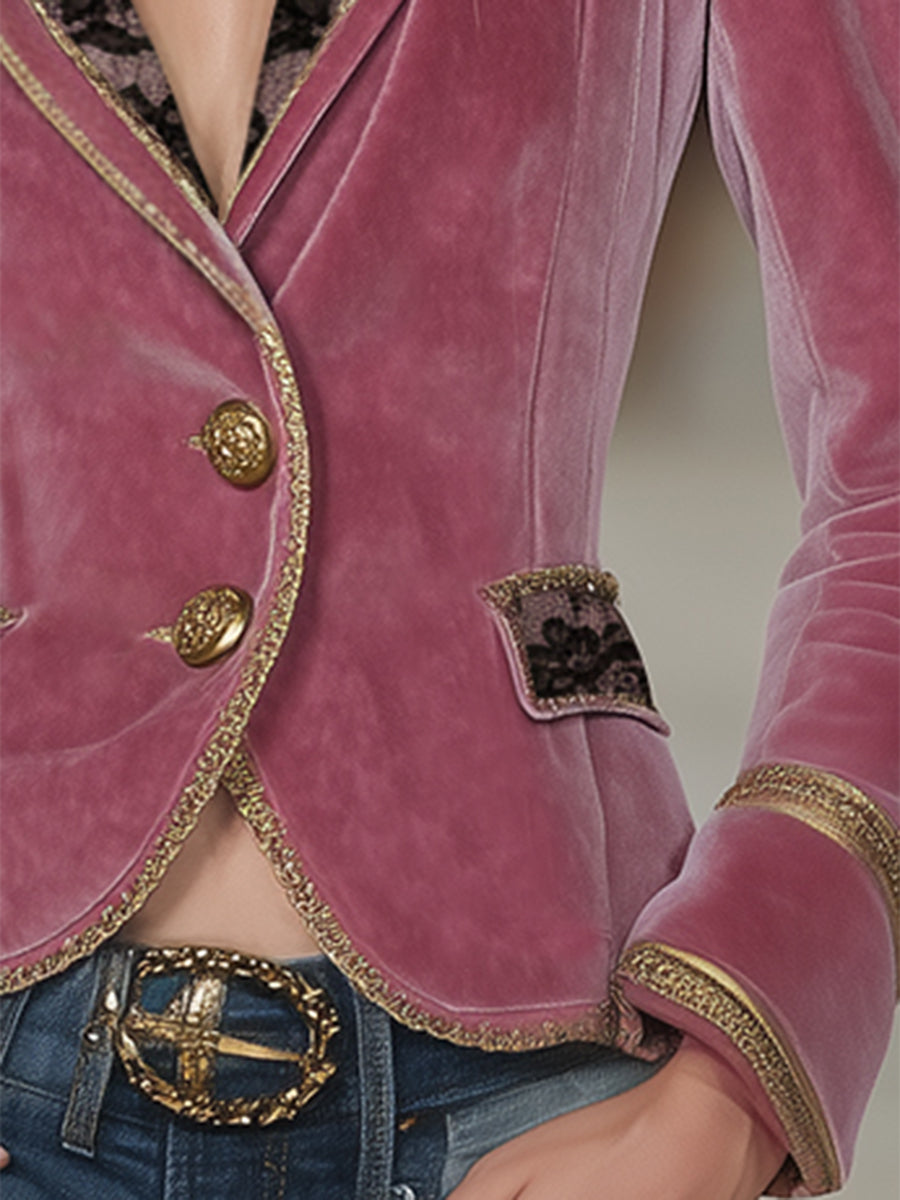 Pink Velvet Collar Lace And Gold Ribbon Blazer