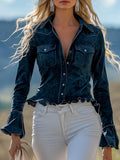 Vintage Casual Navy Ruffled Suede Shirt