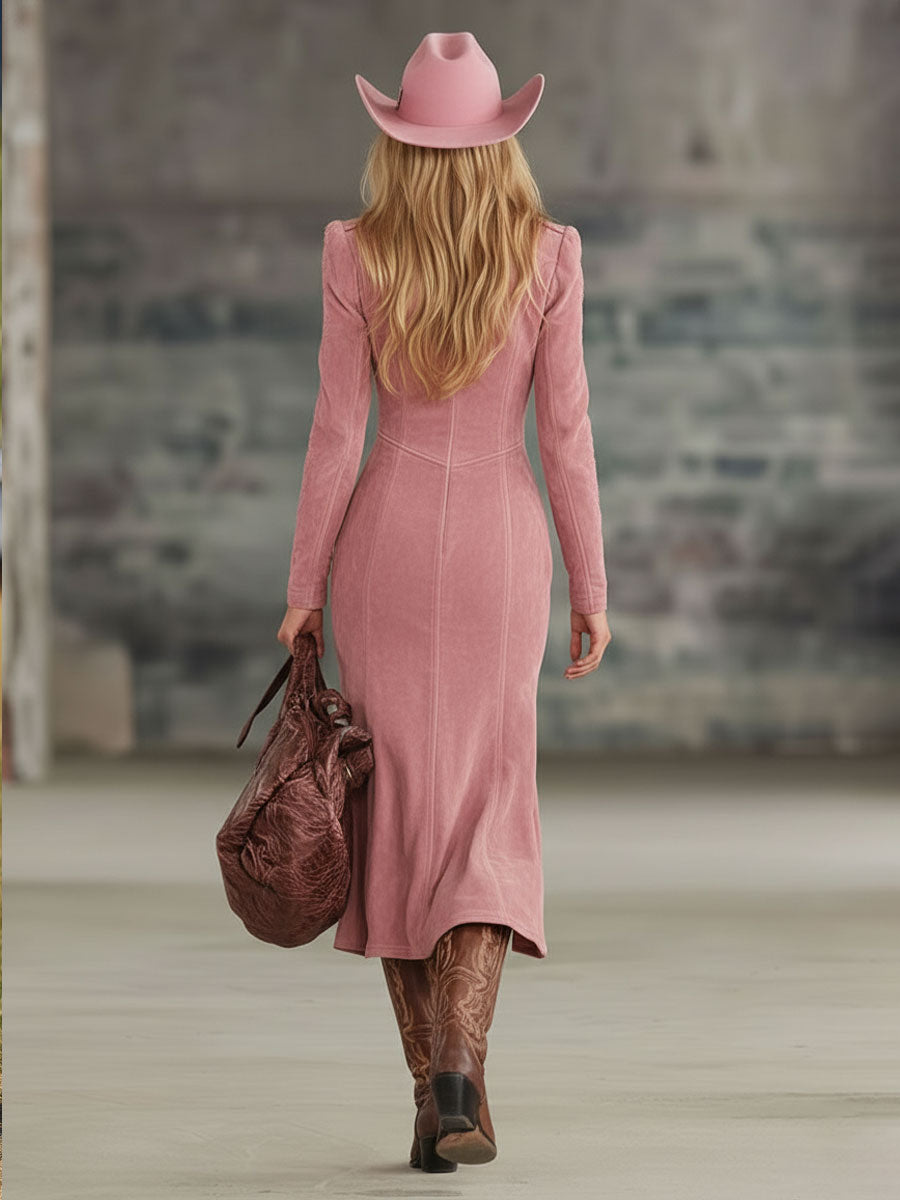 Lapel Collar Zip-Up Side-Slit Embroidered Faux Suede Long-Sleeved Midi Dress