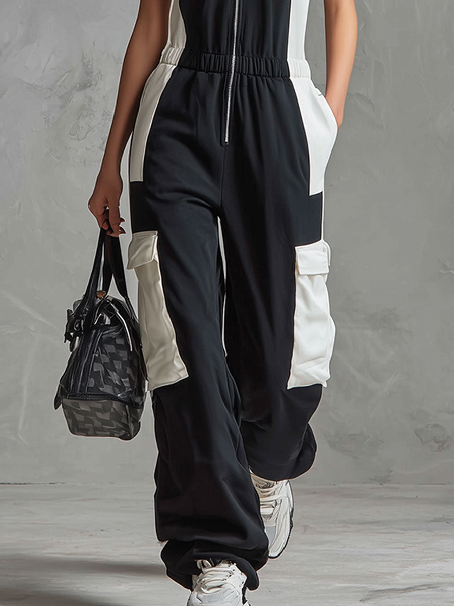 Casual Retro Sporty Black And White Colour-blocked V-neck Half-zip Jumpsuit