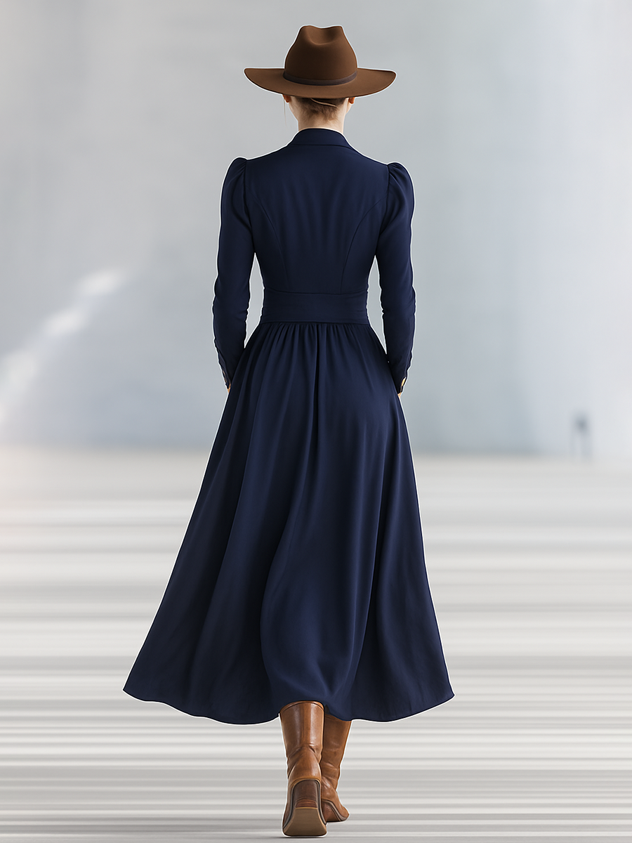 Stylish Elegant Button-Decorated V-Neck Long-Sleeved Maxi Dress