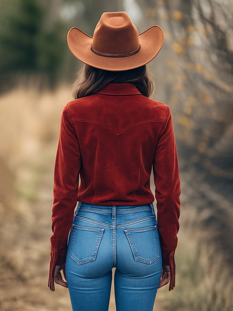 Outdoor Western Cowboy Red Suede Lapel Tassel Long Sleeve Shirt