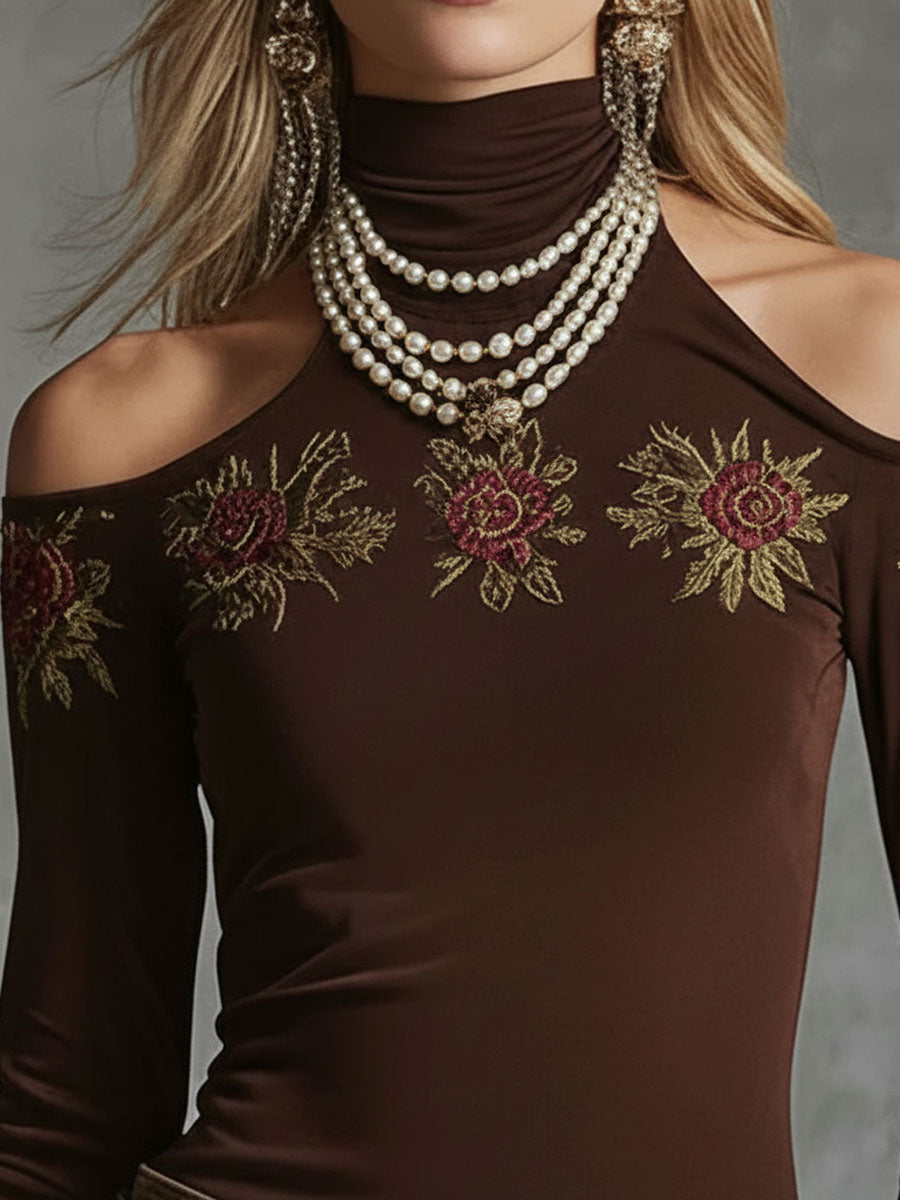 High-neck Off-Shoulder Rose-Embroidered All-Cotton Long-Sleeved T-Shirt