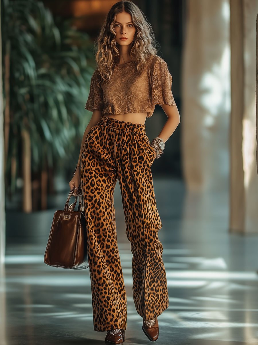 【24-hour shipping out】Casual Loose Vintage Velvet Leopard Print Pocket Elastic Waist Trousers