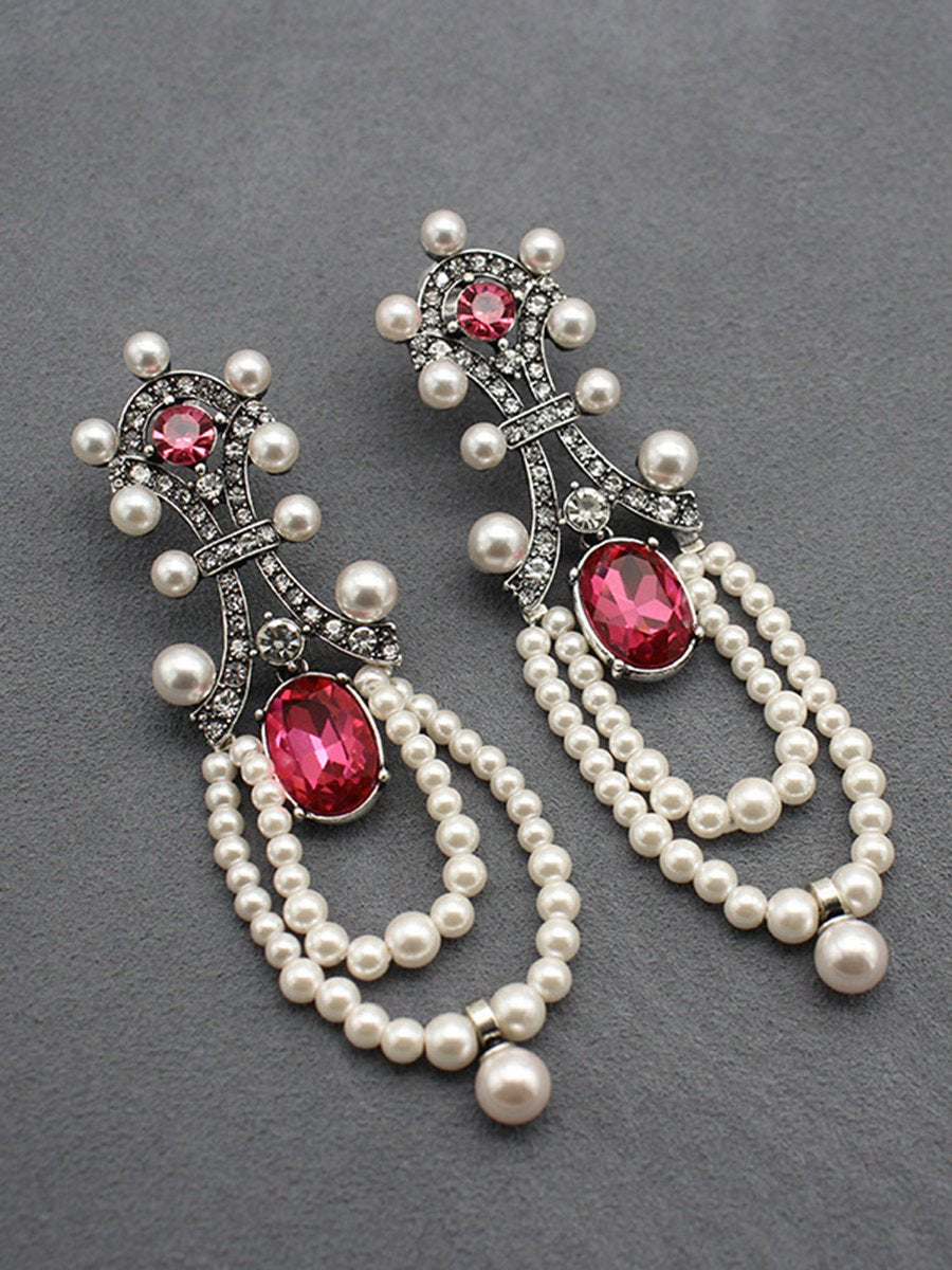 Vintage Long Ruby Pearl Tassel Earrings
