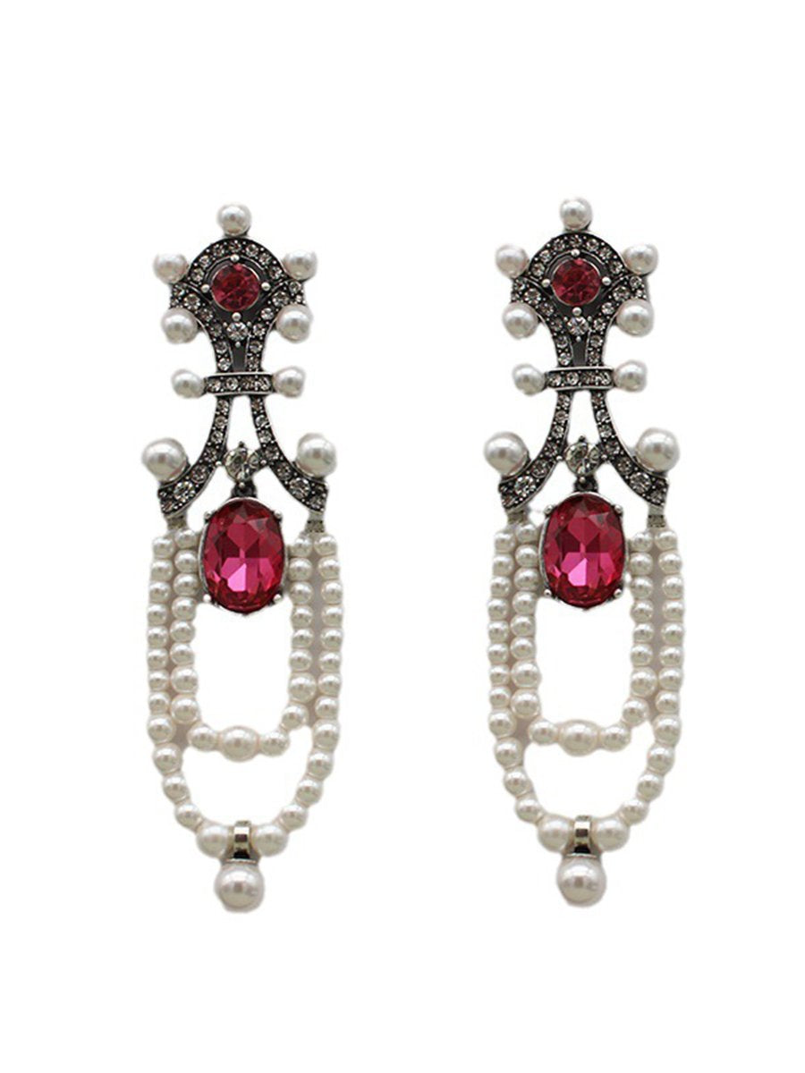 Vintage Long Ruby Pearl Tassel Earrings