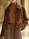 【24-hour shipping out】Casual Loose Solid Colour Suede Zipper Pocket Short Jacket