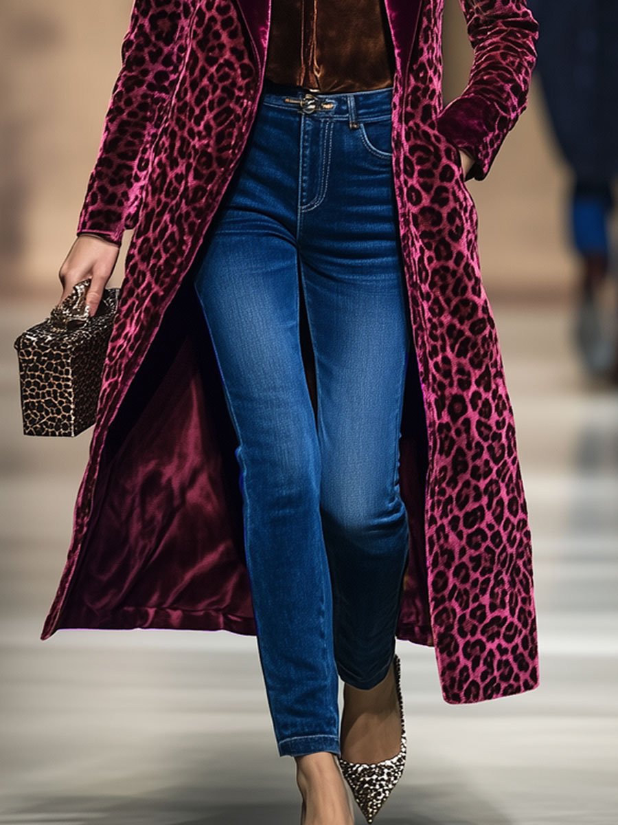 Casual Loose Vintage Velvet Leopard Print Colourblock Lapel Coat