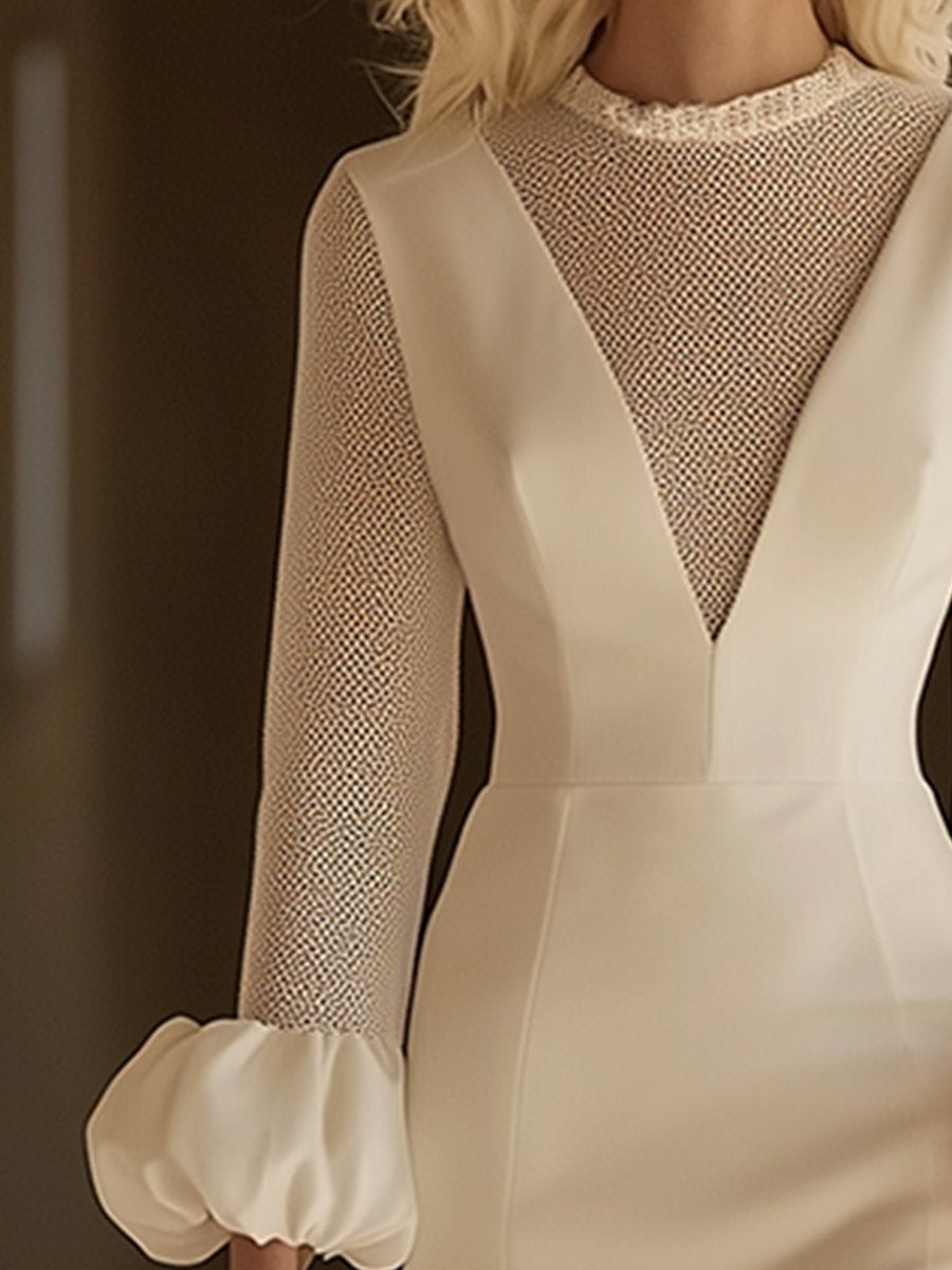 【24-hour shipping out】Elegant Classic Spliced Mesh Puff Sleeve Midi Dress