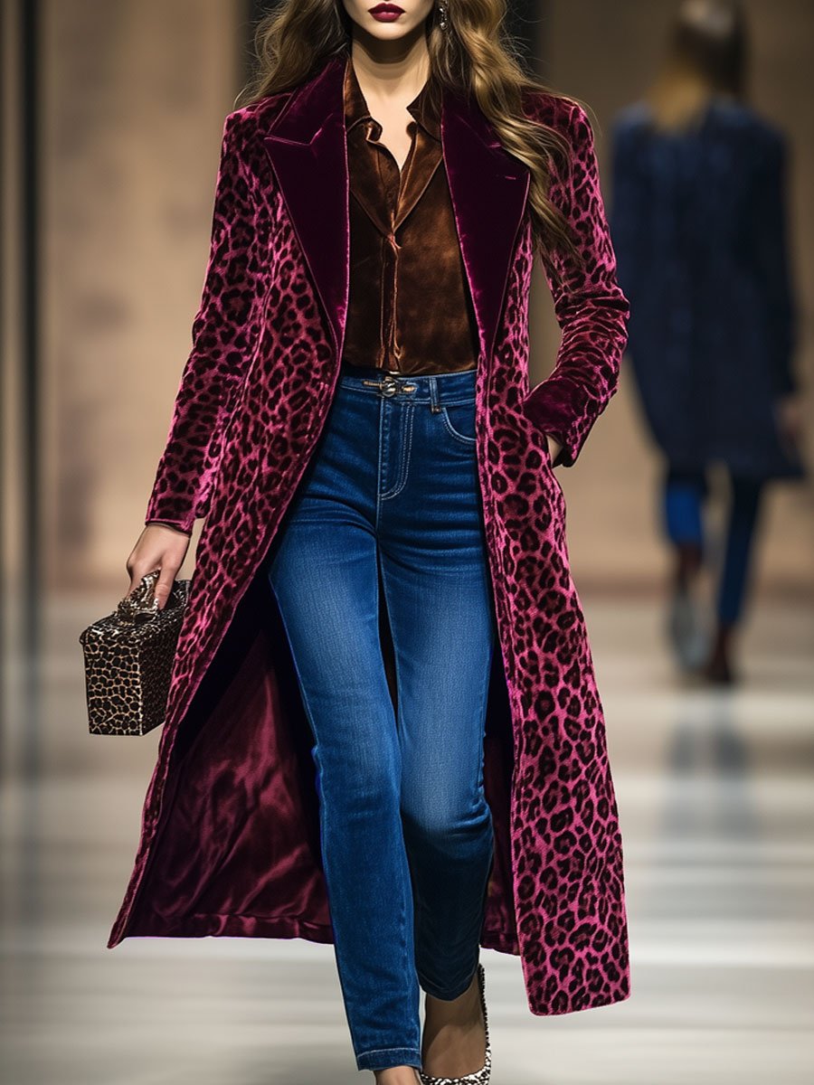 Casual Loose Vintage Velvet Leopard Print Colourblock Lapel Coat