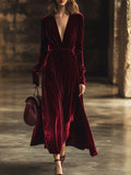 【24-hour shipping out】V-Neck Retro Solid Colour Velvet Long-Sleeved Midi Dress