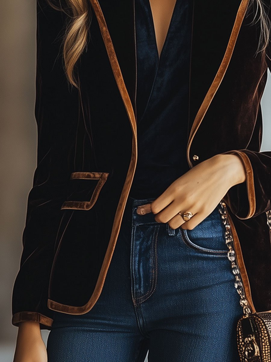 Casual Loose Vintage Velvet Colorblock Striped Pocket Blazer