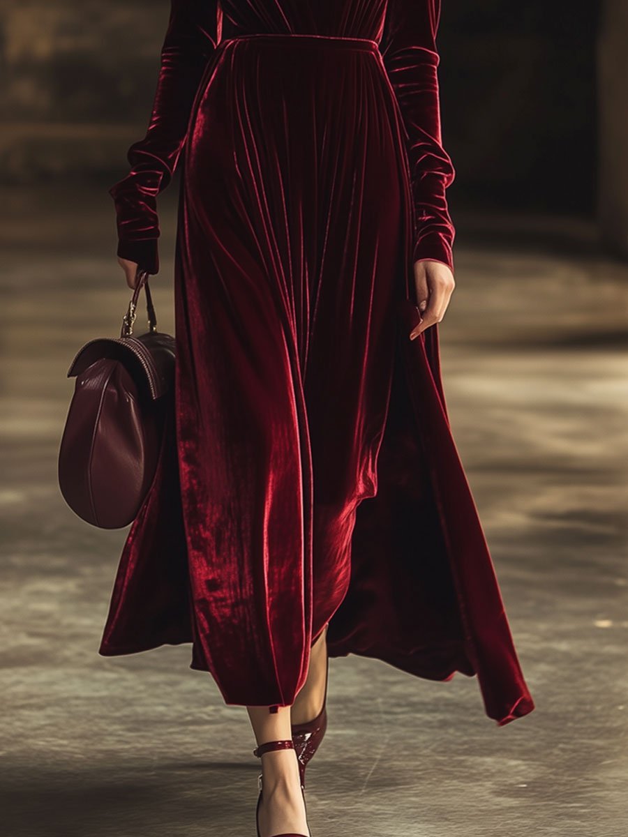 【24-hour shipping out】V-Neck Retro Solid Colour Velvet Long-Sleeved Midi Dress