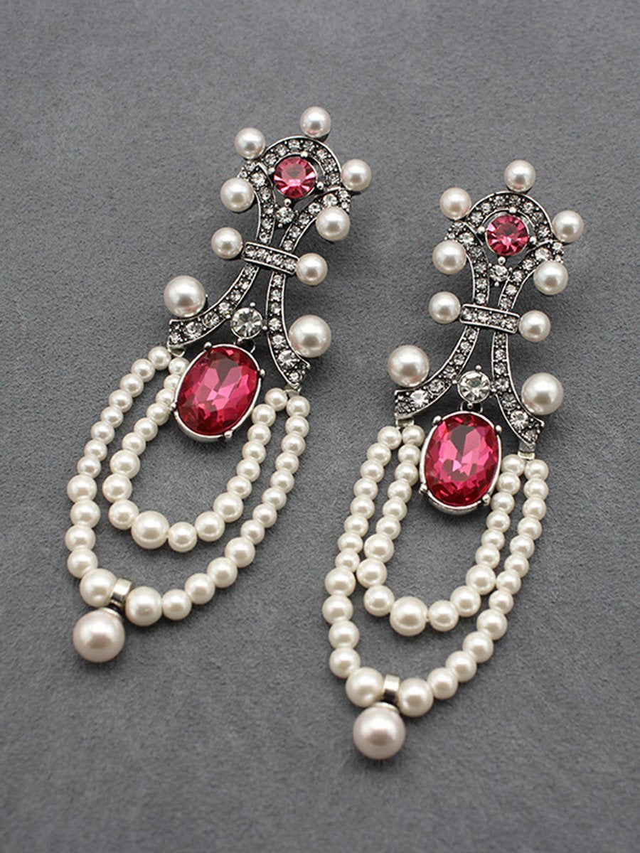 Vintage Long Ruby Pearl Tassel Earrings