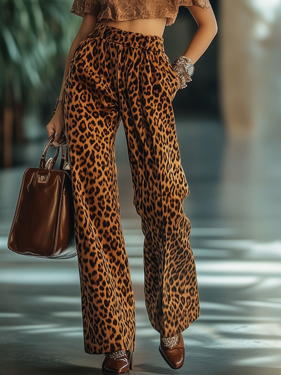 【24-hour shipping out】Casual Loose Vintage Velvet Leopard Print Pocket Elastic Waist Trousers