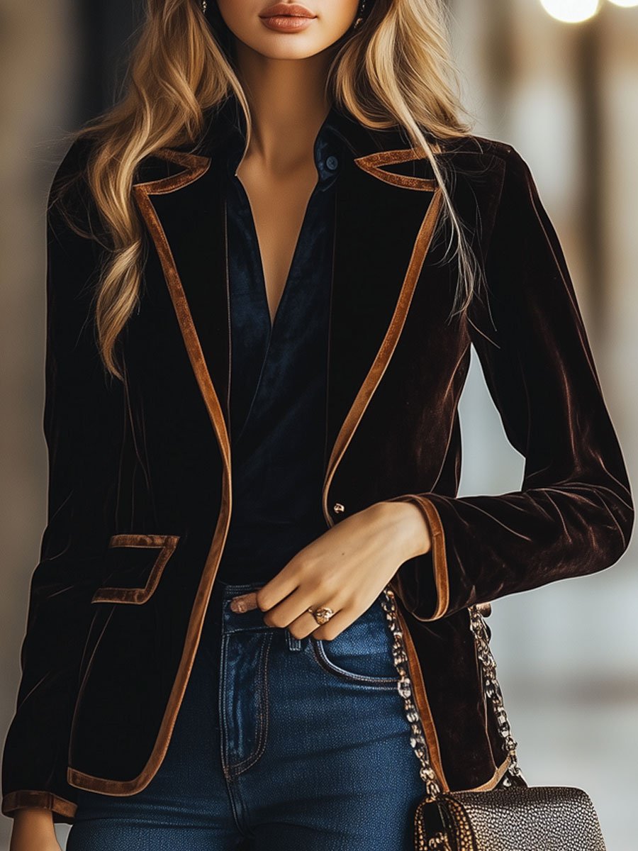 Casual Loose Vintage Velvet Colourblock Striped Pocket Blazer