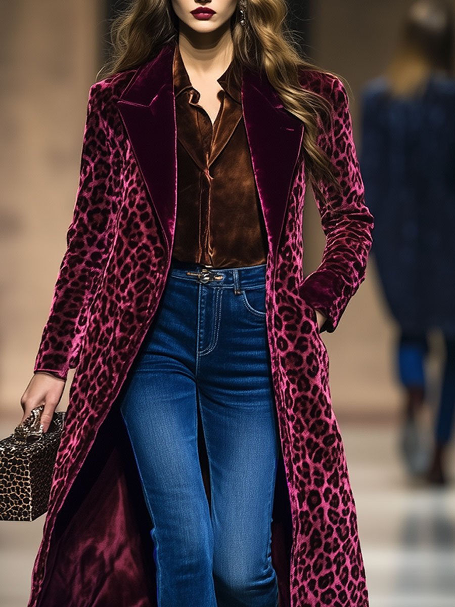 Casual Loose Vintage Velvet Leopard Print Colourblock Lapel Coat