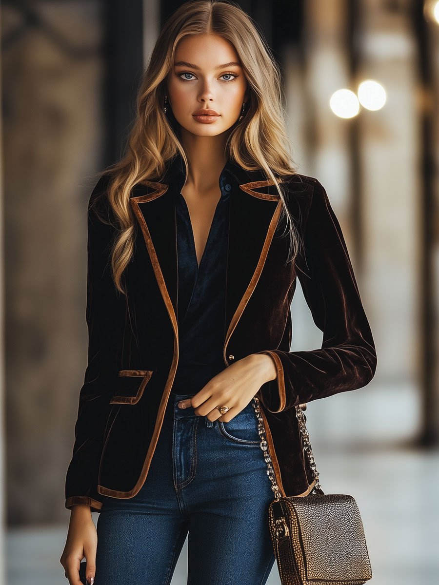 Casual Loose Vintage Velvet Colourblock Striped Pocket Blazer