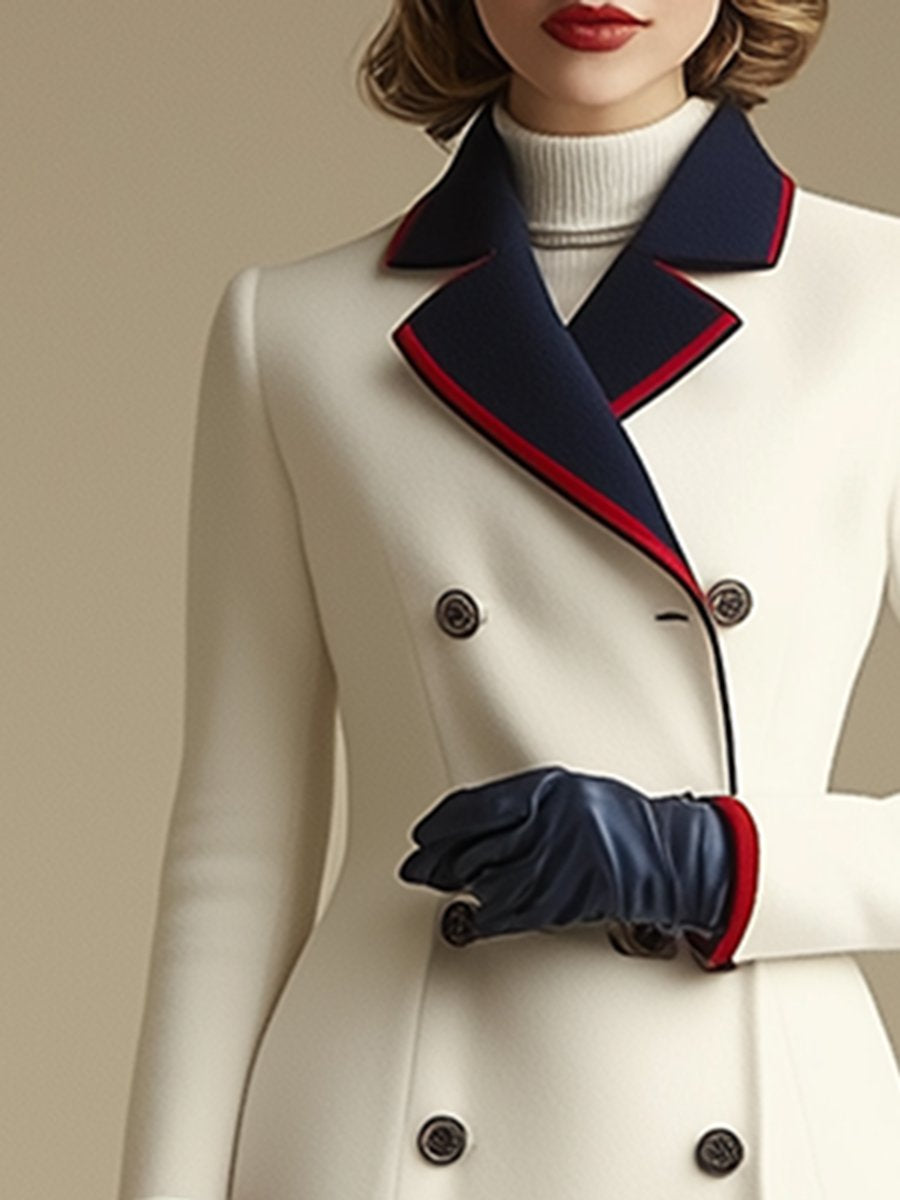 【24-hour shipping out】High-End Retro and Fashionable Double-Breasted Lapel Colour-Blocked Long Coat