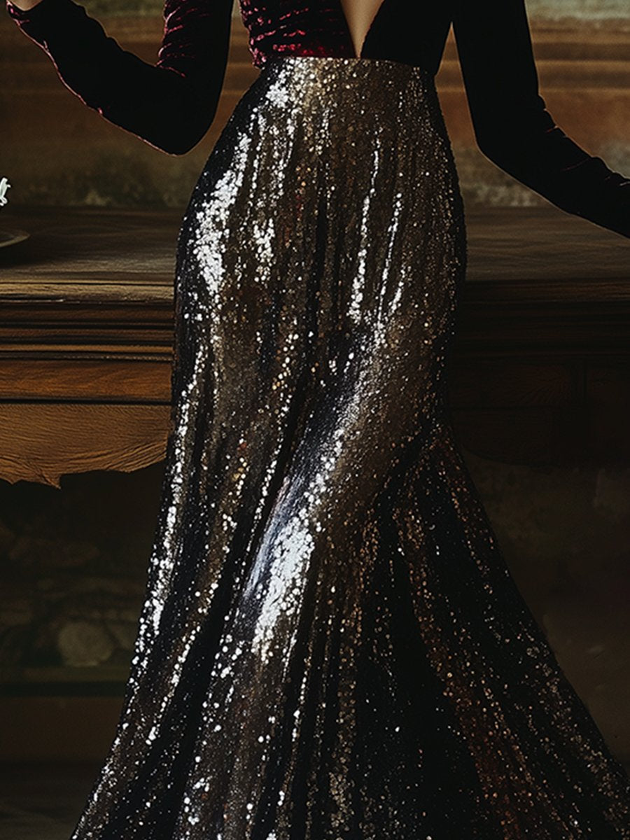 【24-hour shipping out】V-Neck Stylish Elegant Solid Colour Velvet Sequined Long Maxi Dress