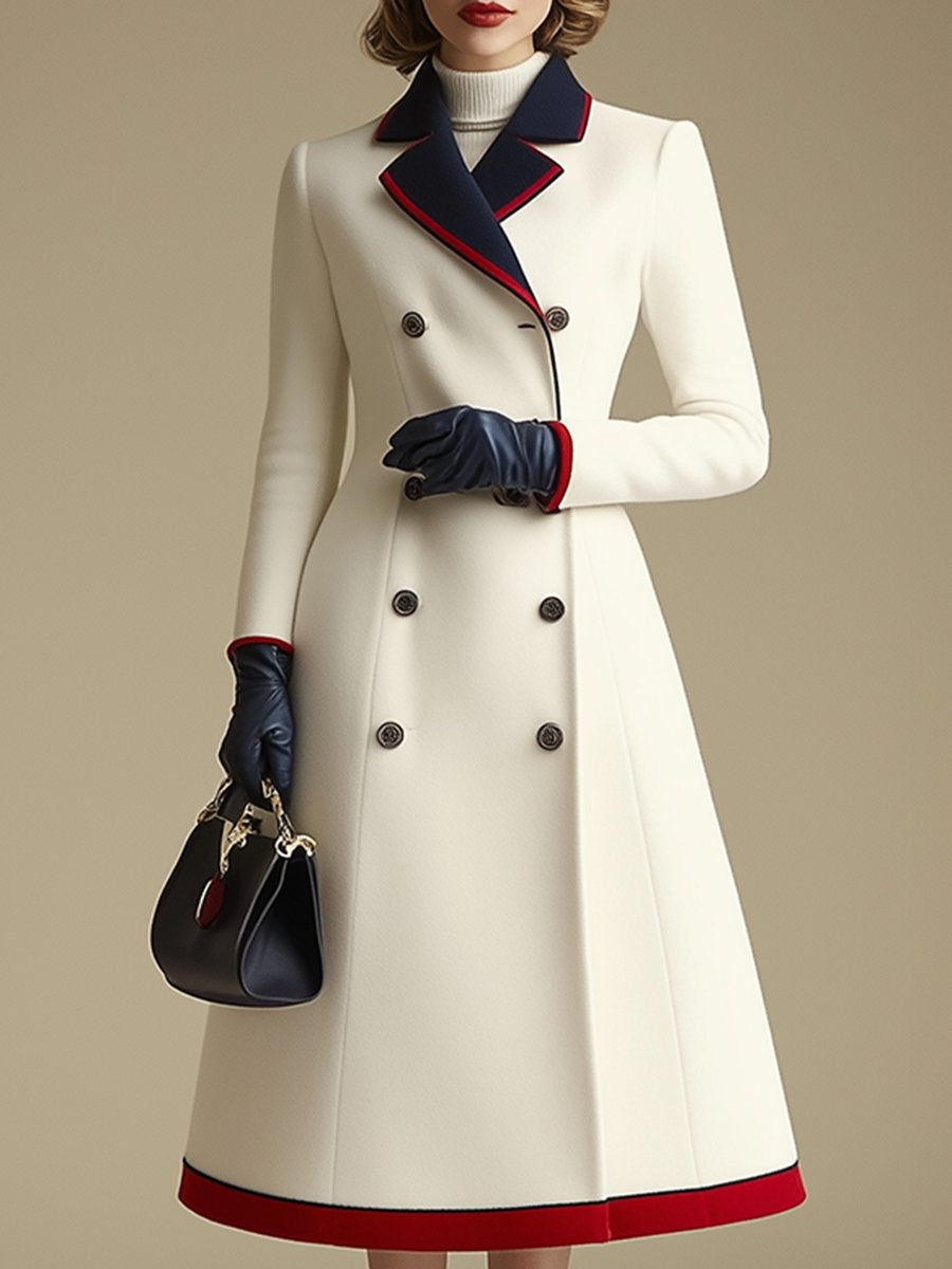 【24-hour shipping out】High-End Retro And Fashionable Double-Breasted Lapel Color-Blocked Long Coat