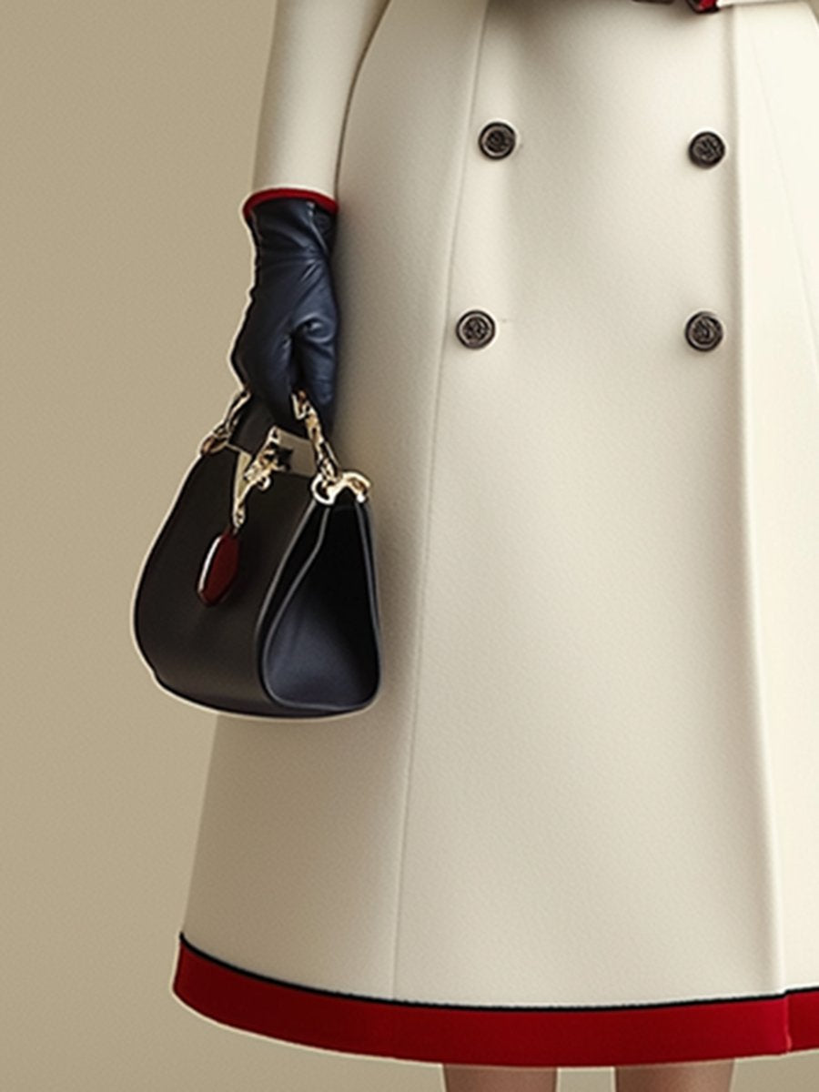 【24-hour shipping out】High-End Retro and Fashionable Double-Breasted Lapel Colour-Blocked Long Coat