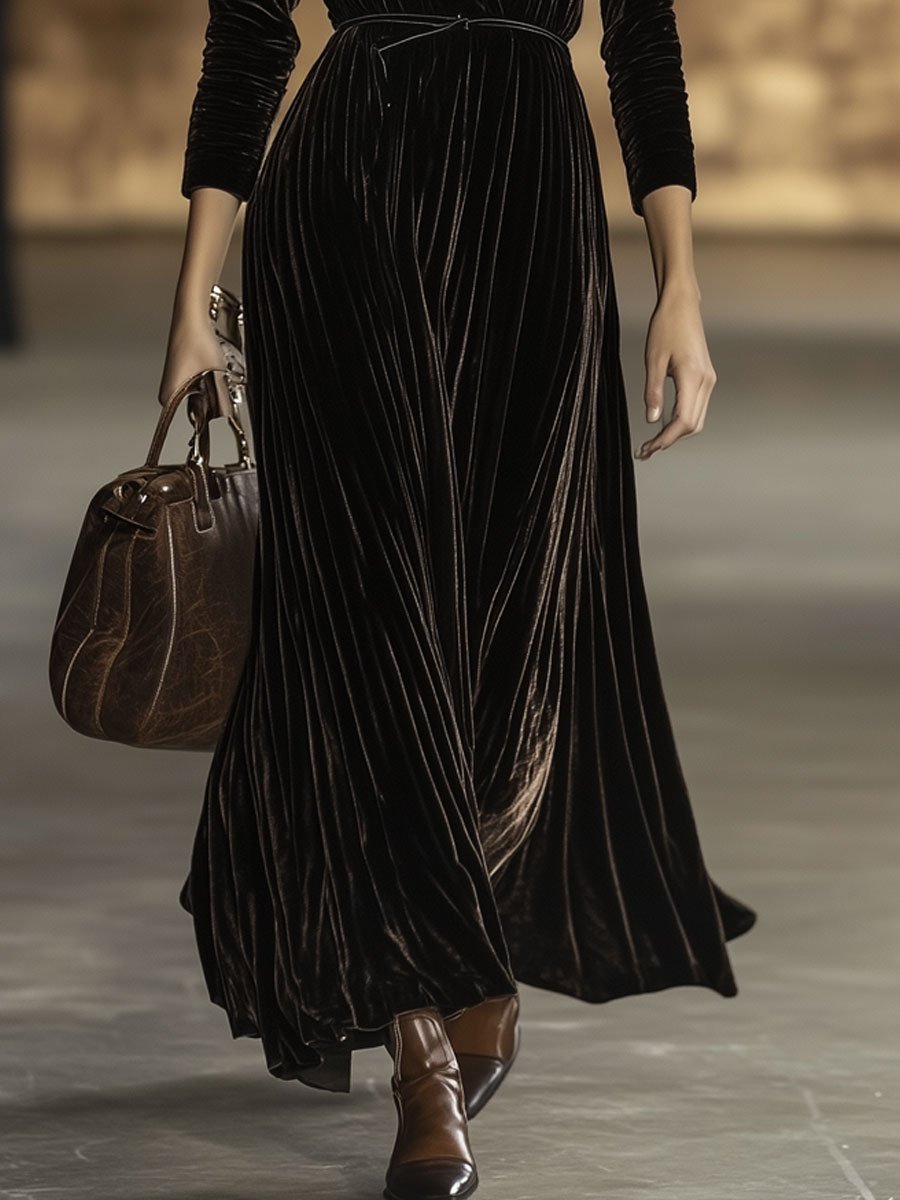 【24-hour shipping out】V-Neck Retro Solid Colour Belted Velvet Long-Sleeved Maxi Dress