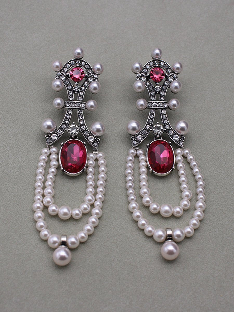 Vintage Long Ruby Pearl Tassel Earrings
