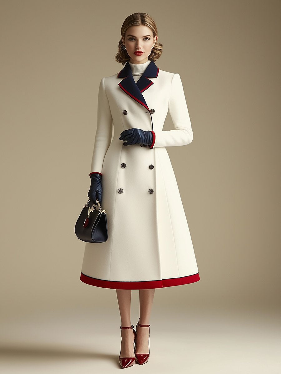 【24-hour shipping out】High-End Retro and Fashionable Double-Breasted Lapel Colour-Blocked Long Coat