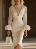 【24-hour shipping out】Elegant Classic Spliced Mesh Puff Sleeve Midi Dress