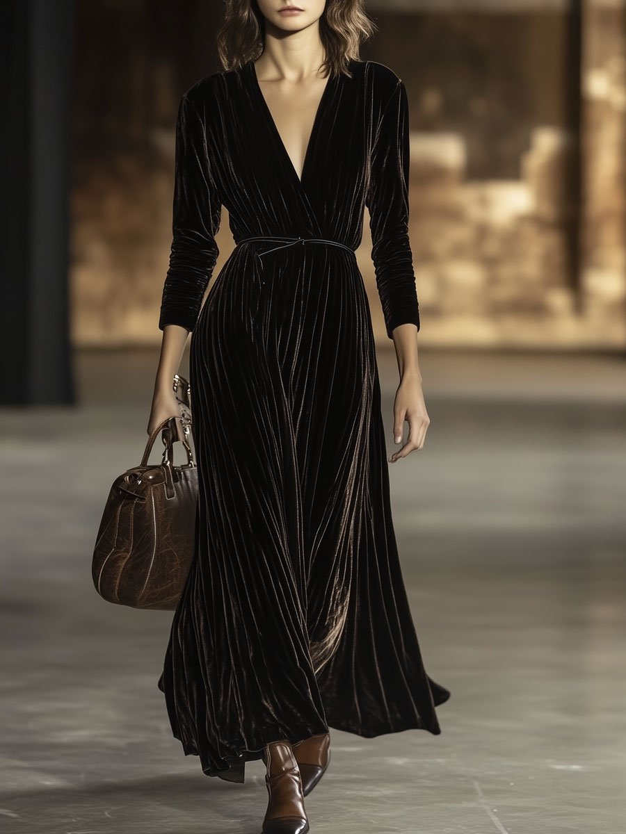 【24-hour shipping out】V-Neck Retro Solid Colour Belted Velvet Long-Sleeved Maxi Dress