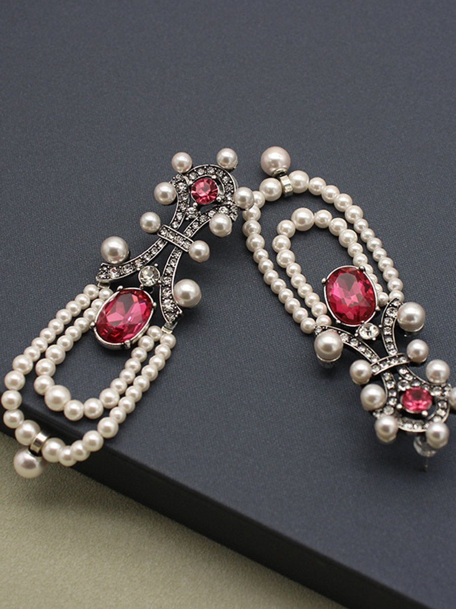 Vintage Long Ruby Pearl Tassel Earrings