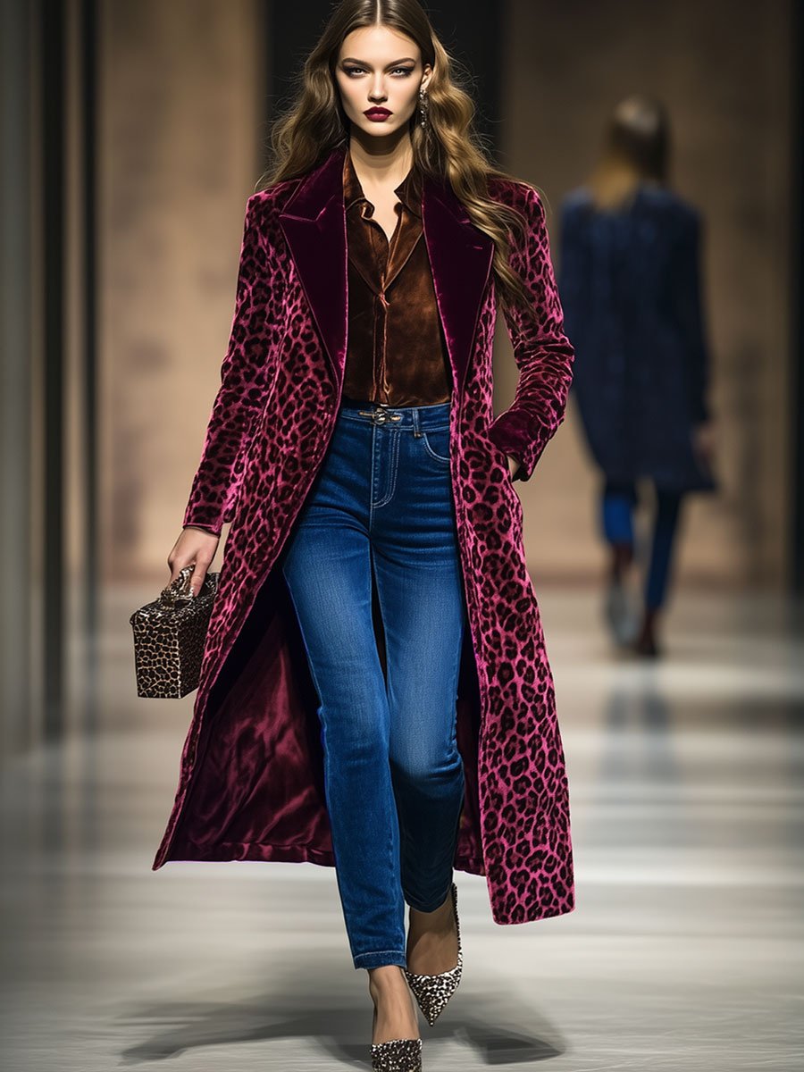 Casual Loose Vintage Velvet Leopard Print Colourblock Lapel Coat